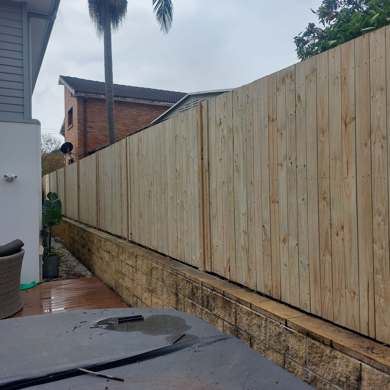 Tall treated pine timber privacy fence built along a rear boundary at a Sydney property