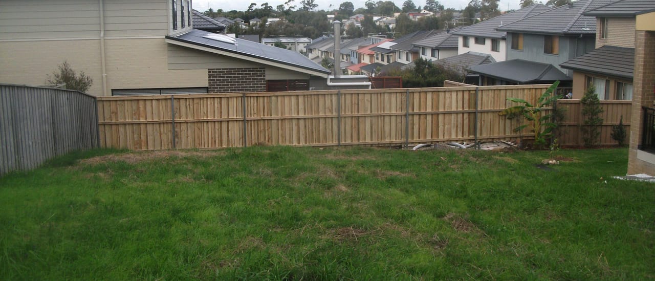 Treated pine timber fence enclosing the rear yard of a Sydney home with neighbouring rooftops beyond