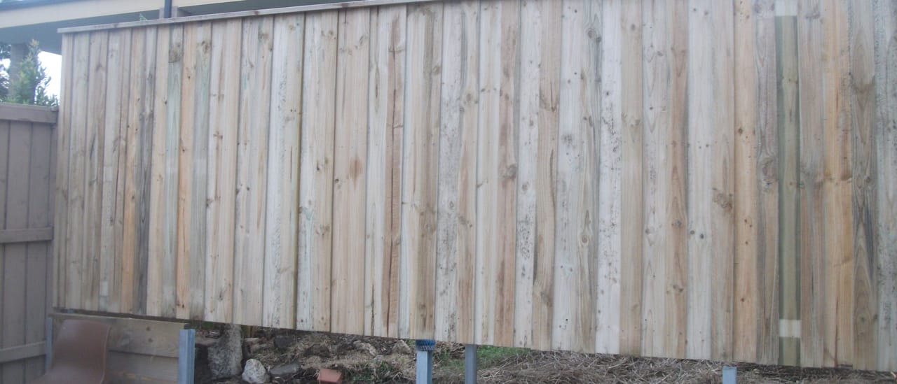 Newly installed treated pine timber paling fence running along a residential boundary beside a two-storey home in Northmead, Sydney